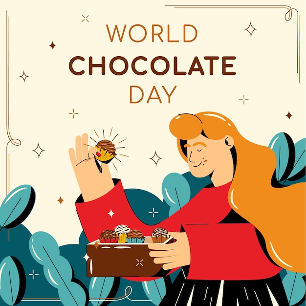 Vetor grátis ilustração do dia mundial do chocolate plana com mulher segurando a caixa de chocolates