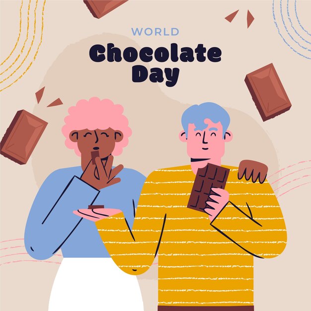 Ilustração do dia mundial do chocolate plana com pessoas comendo chocolate