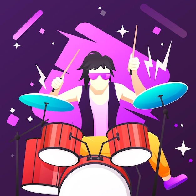 Vetor grátis ilustração do dia mundial do rock gradiente com músico tocando bateria
