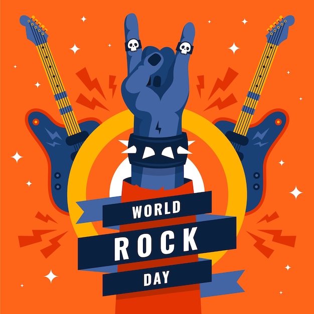 Ilustração do dia mundial do rock plano com mão mostrando sinal de rock