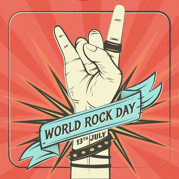 Ilustração do dia mundial do rock plano com mão mostrando sinal de rock