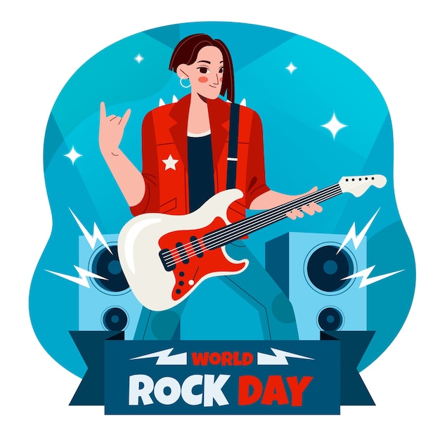 Vetor grátis ilustração do dia mundial do rock plano com músico tocando guitarra