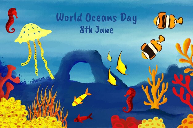 Ilustração do dia mundial dos oceanos pintada à mão em aquarela