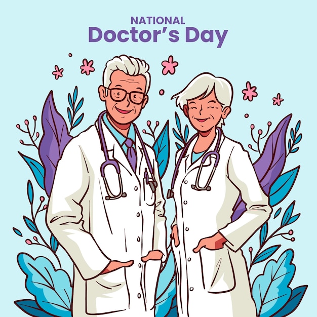 Ilustração do dia nacional do médico desenhada à mão com médicos mais velhos