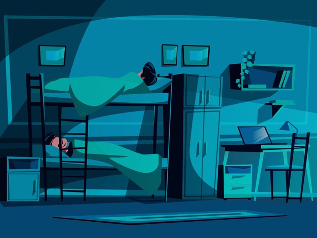 Ilustração do dormitório da faculdade dos colegas que dormem na cama de beliche na noite.