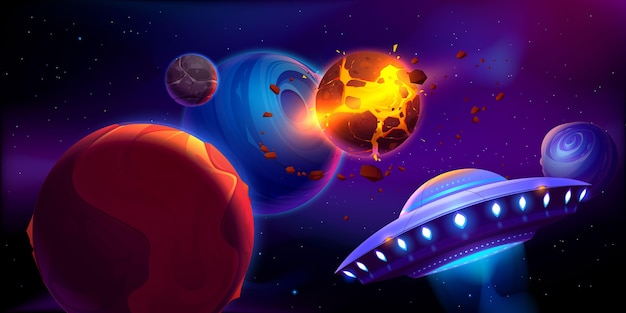 Ilustração do espaço com planetas e asteróides
