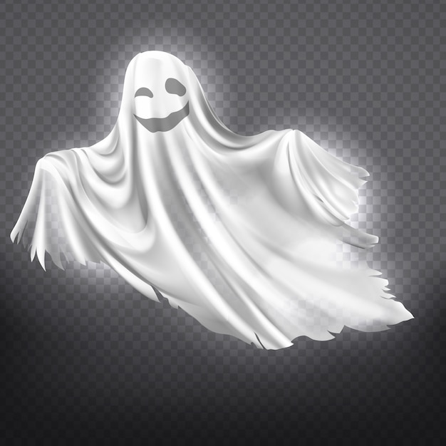 Vetor grátis ilustração do fantasma branco, sorrindo silhueta fantasma isolada no fundo transparente.