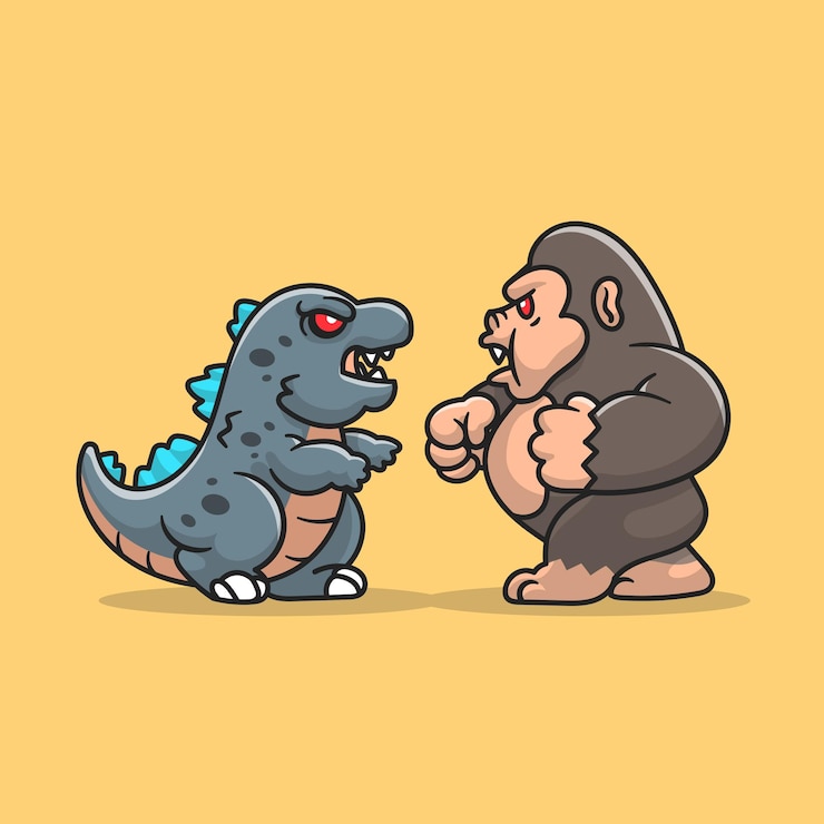 Vetor grátis ilustração do ícone dos desenhos animados de godzilla fight kong.