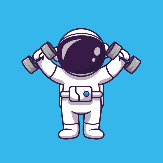 Ilustração do ícone dos desenhos animados do haltere de levantamento bonito astronauta. Conceito de ícone do esporte de ciência isolado. Estilo Flat Cartoon