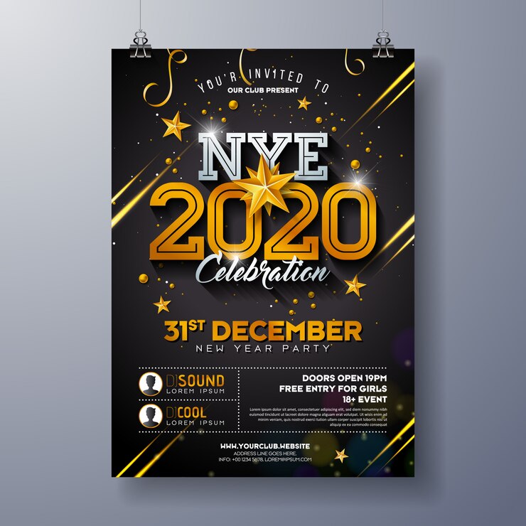 Vetor grátis ilustração do modelo do cartaz da celebração do partido do ano 2020 novo com número brilhante do ouro no fundo preto.