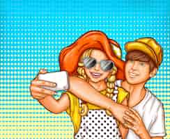 Vetor grátis ilustração do pop art do vetor de uma jovem e garota fazendo selfies em um smartphone.