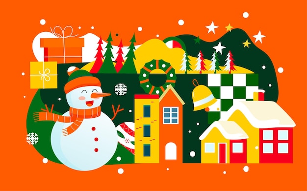 Ilustração do presente de natal neve pesada inverno solstício de inverno boneco de neve pôster ao ar livre Vetor Premium