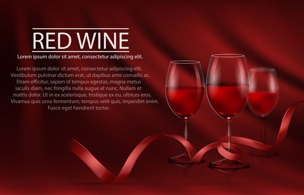 Ilustração do vetor, cartaz realista brilhante com uma fileira de óculos cheios de vinho tinto e fita vermelha