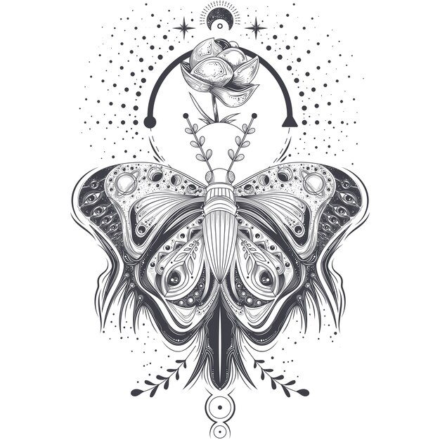 Ilustração do vetor de um esboço, borboleta de arte de tatuagem em estilo abstrato, símbolo místico e astrológico.