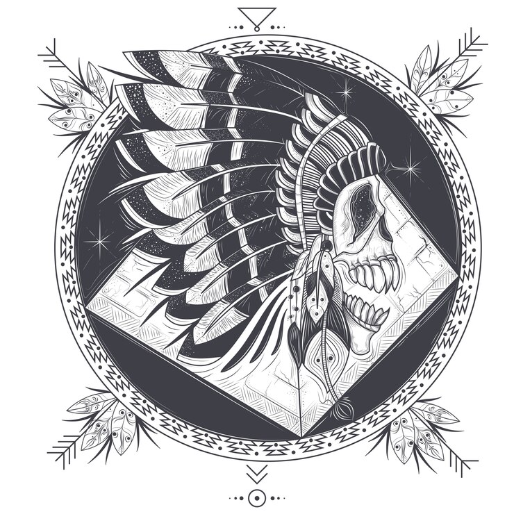 Vetor grátis ilustração do vetor de um modelo para uma tatuagem com um crânio humano em um chapéu de pena indiano.