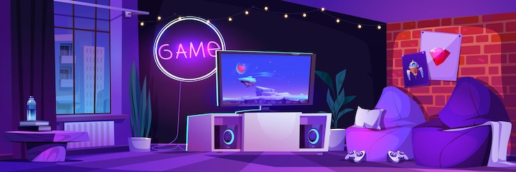 Vetor grátis ilustração dos desenhos animados da noite do torneio do jogador vetor interior da sala do streamer para videogame com console tv e joystick design de anúncio do salão on-line escuro para festa virtual no estúdio cibernético doméstico