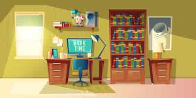 Vetor grátis ilustração dos desenhos animados do escritório home vazio com estante, interior moderno com mobília.
