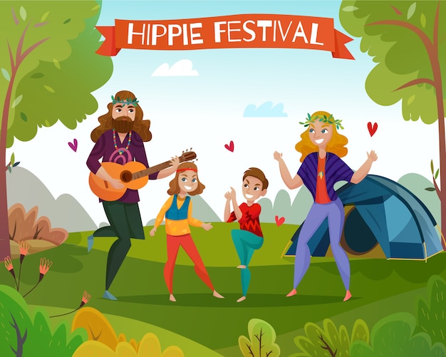 Vetor grátis ilustração dos desenhos animados do festival hippie
