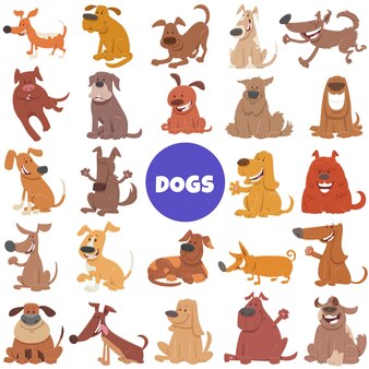 Ilustração dos desenhos animados do grande conjunto de personagens de animais de cães e filhotes