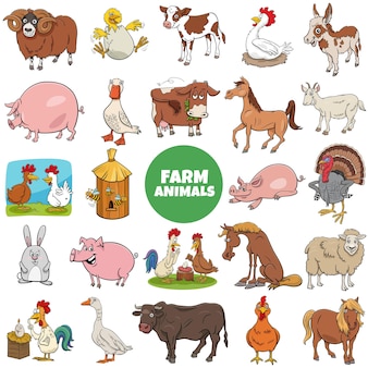 Ilustração dos desenhos animados do grande conjunto de personagens engraçados de animais de fazenda
