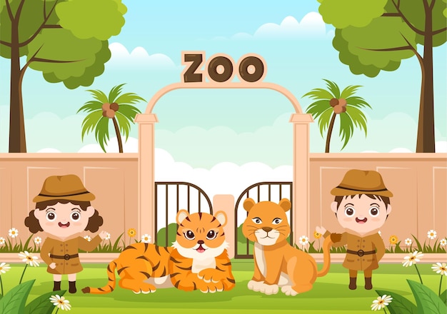Ilustração dos desenhos animados do zoológico com animais de safári no fundo da floresta Vetor Premium