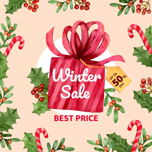 Ilustração e banner de venda de inverno em aquarela