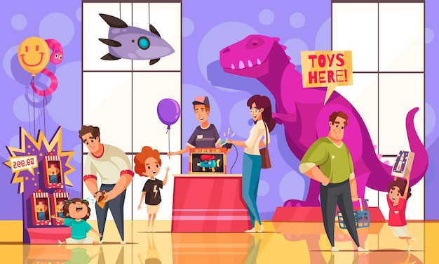 Ilustração em desenho animado da loja de brinquedos com crianças no interior da loja pedindo aos pais que lhes comprem brinquedos