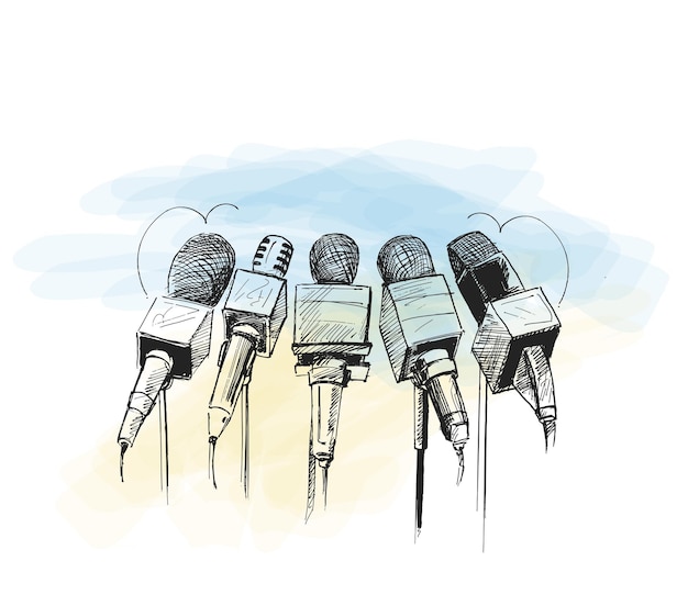 Ilustração em linha de microfones e gravadores para o símbolo do jornalismo