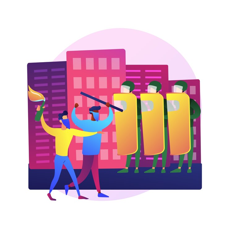 Vetor grátis ilustração em massa do conceito abstrato. protesto público, manifestação, ativismo político, agitação em massa, ação de rua, reunião, vandalismo e pilhagem, toque de recolher.