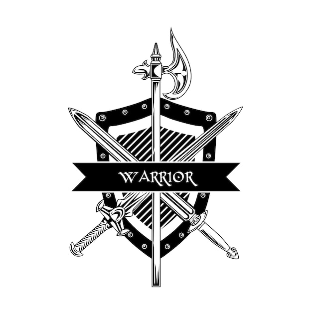 Ilustração em vetor arma cavaleiro. Espadas cruzadas, machado, escudo e texto guerreiro. Conceito de guarda e proteção para emblemas ou modelos de emblemas