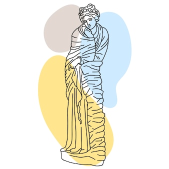 Ilustração em vetor arte linha de estátua antiga de mulher em pé com manchas de cor no fundo