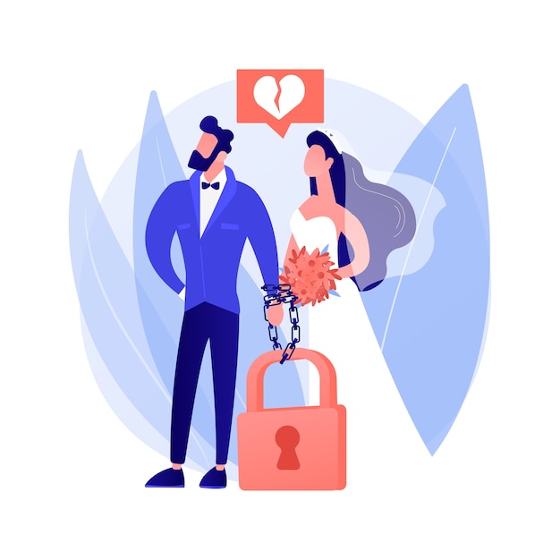 Ilustração em vetor conceito abstrato de casamento forçado. casamento infantil involuntário, sem consentimento, contra vontade, violência doméstica, colocar algemas, pressão para se casar, abuso sexual metáfora abstrata.