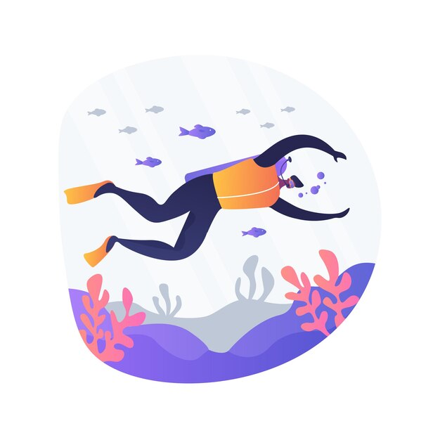 Ilustração em vetor conceito abstrato de mergulho. Mergulhador subaquático, recife de coral, vida selvagem marinha, férias de aventura, máscara e equipamento snorkel, ilha do oceano, metáfora abstrata de natação.