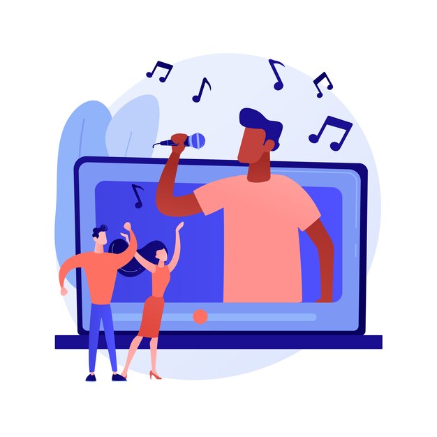 Ilustração em vetor conceito abstrato de vídeo musical. Videoclipe oficial, estreia na internet e tv, produção de videoclipe, diretor profissional, equipe de filmagem, metáfora abstrata de promoção de músico.