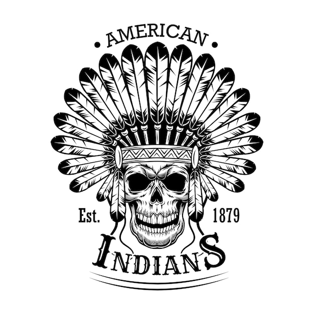 Ilustração em vetor crânio índio americano. cabeça de esqueleto com cocar de penas e texto. conceito de nativos americanos e índios vermelhos para modelos de emblemas ou etiquetas