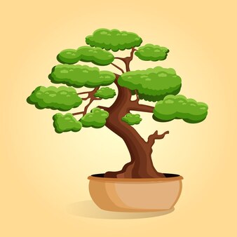 Ilustração em vetor de árvore de bonsai em uma panela em um fundo amarelo isolado