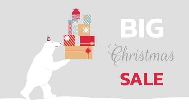 Ilustração em vetor de estoque com banner de venda de natal. o urso polar bonito carrega uma pirâmide de presentes para o natal e ano novo. modelo de banner de publicidade, cartaz, tela do site.