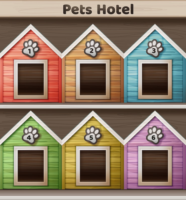 Vetor grátis ilustração em vetor de hotel para animais de estimação, casinha de cachorro colorida isolada no fundo