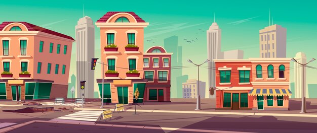 Ilustração em vetor de obras rodoviárias na rua da cidade