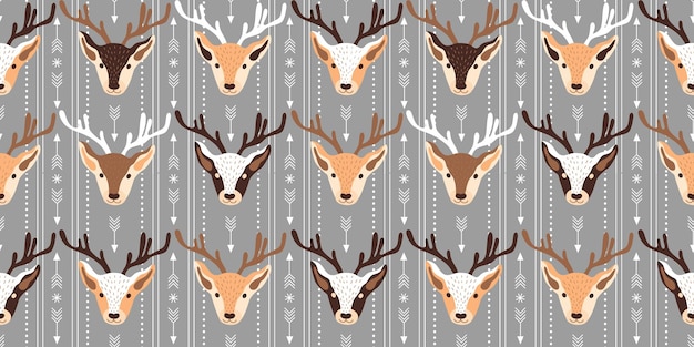 Ilustração em vetor de padrão de tema festivo de natal com cabeças de renas e enfeites em cinza.