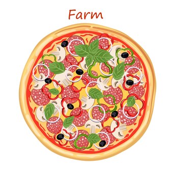Ilustração em vetor de pizza de fazendeiros com ingredientes como azeitonas com molho de tomate e manjericão
