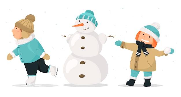 Ilustração em vetor desenho animado inverno. duas crianças estão caminhando, uma menina com uma bola de neve e um menino patinando e um boneco de neve. todo mundo com roupas de inverno está comemorando o ano novo ou o natal.