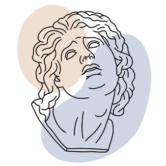 Ilustração em vetor linha arte da estátua antiga da cabeça do gigante grego com manchas de cor no fundo