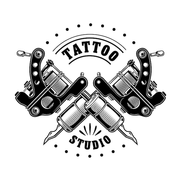 Vetor grátis ilustração em vetor logotipo estúdio de tatuagem vintage. equipamento cruzado monocromático para profissionais