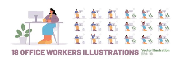 Ilustração em vetor plana de trabalhadores de escritório grande conjunto