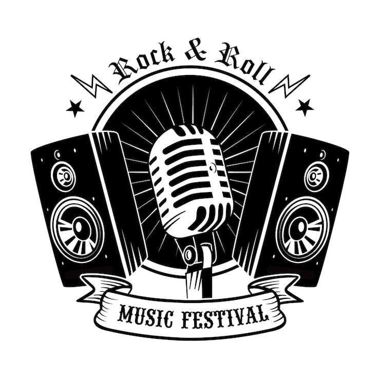 Vetor grátis ilustração em vetor preto microfone e alto-falantes. logotipo promocional vintage para concerto ou festival de música
