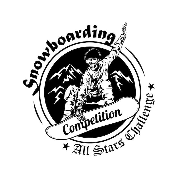 Vetor grátis ilustração em vetor símbolo competição snowboard. esqueleto em capacete com texto. atividade de inverno e conceito de esporte para modelos de emblemas do campeonato