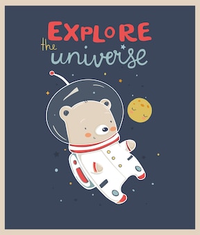 Ilustração em vetor teddy bear astronaut cartoon desenhada à mão com texto explore the universe