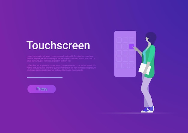 Vetor grátis ilustração em vetor touchscreen estilo simples mulher tocando uma enorme tela de smartphone