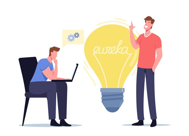 Ilustração Eureka. Homens de negócios Colegas Personagens com laptop sentados diante de uma enorme lâmpada pensando em uma ideia criativa